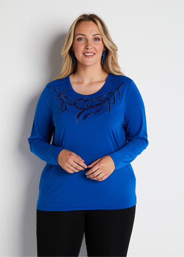 T-shirt court col rond résille brodé strass Bleu