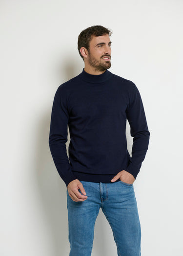 Pull chiné col montant fines côtes Bleu Marine