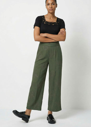 Pantalon large élastiqué brodé feuillage Kaki
