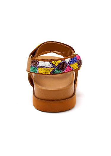 Sandales semelle ergonomique brides avec perles Marron