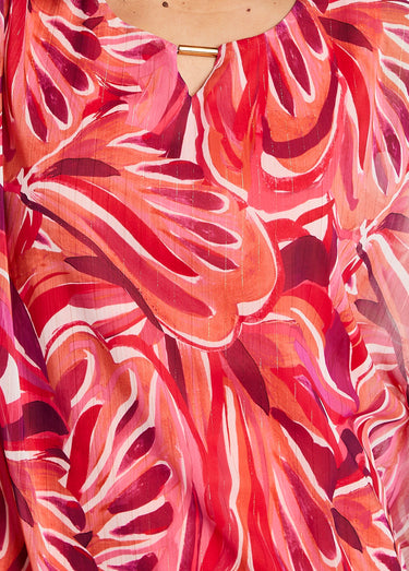 Tunique fluide longue motif feuilles Fuchsia/Rose