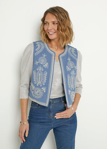 Gilet sans manches brodé style scandinave Bleu