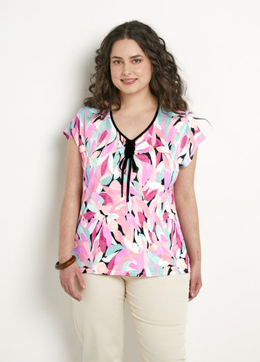 T-shirt court col V avec liens imprimé floral Noir/Saumon