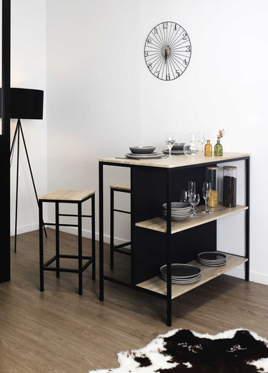 Set industriel Table ilot + 2 Tabourets  LOKA Marron/Noir