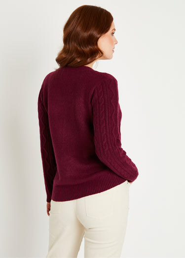 Gilet court boutonné col V maille torsades Prune