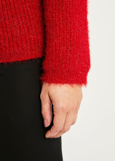 Pull doux maille poilue col rond perlé ajouré Rouge