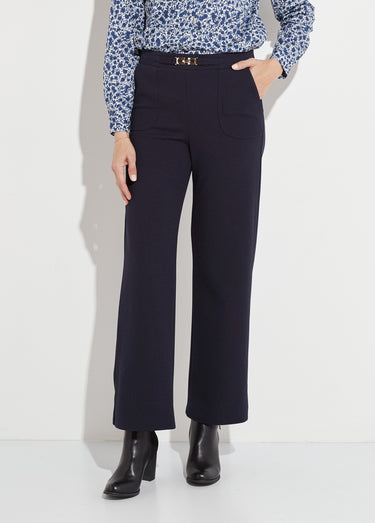 Pantalon droit taille élastiquée ceinture bijou Marine