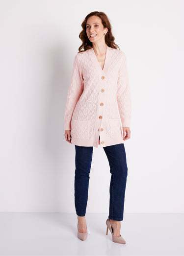 Gilet long boutonné torsades col V Rose