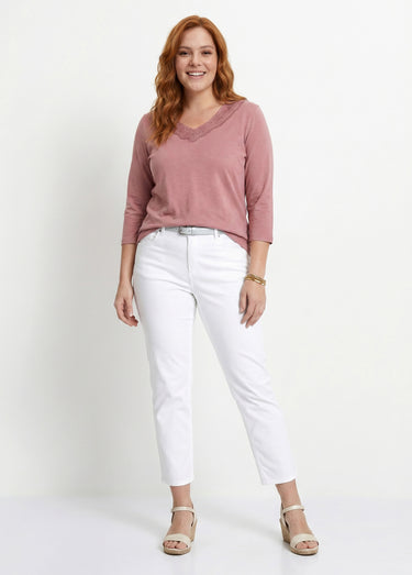 T-shirt manches 3/4 coton et macramé Rose