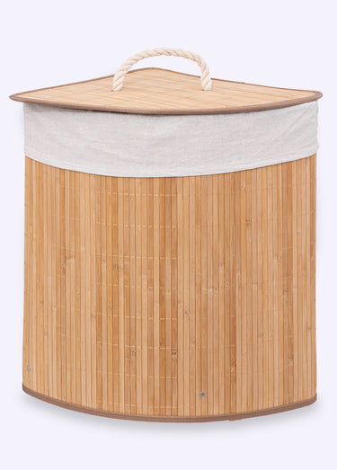 Panier à linge d'angle en bambou, clair Bambou / Blanc