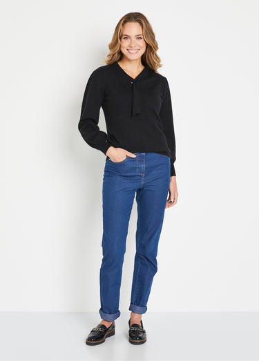 Pull fin col cravate mélange laine Noir