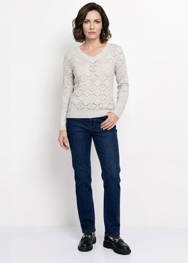 Pull court ajouré col rond manches longues Gris