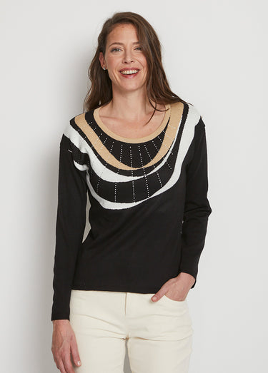 Pull court jacquard strassé col rond Noir/Beige