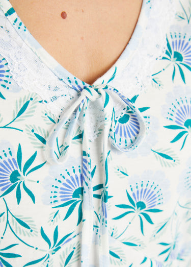 Chemise de nuit coton fleuri dentelle mi longue Bleu