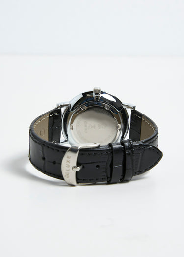 Montre ronde acier inox et cuir façon croco Noir