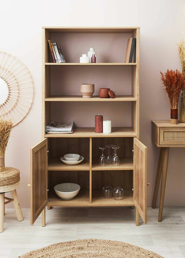 Bibliothèque 3 étagères bois et cannage Beige