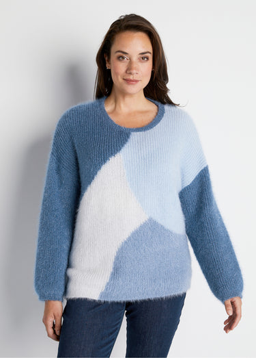 Pull doux colorblock maille poilue Bleu / Écru