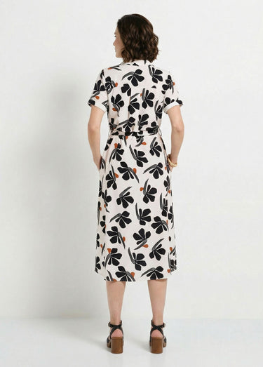 Robe-chemisier mi-longue ceinturée imprimée Blanc / Noir