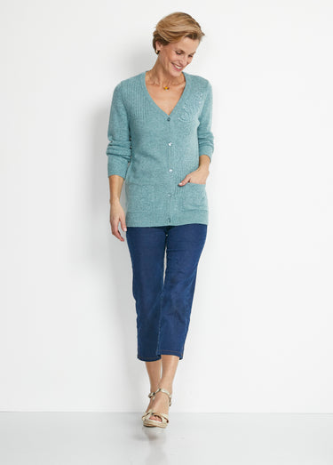 Gilet col V boutonné brodés strassé Vert