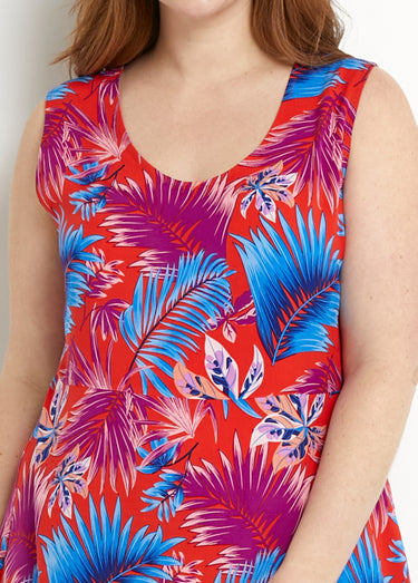Robe longue sans manches évasée imprimé feuillage Rouge/Bleu