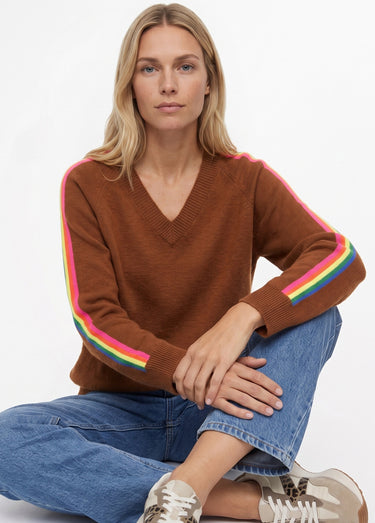 Pull col V manches lignes multicolores Camel