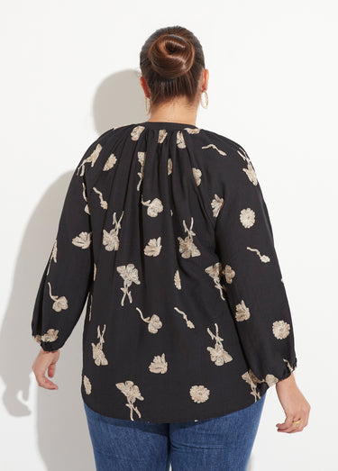 Blouse col V plissé broderies métallisées Noir