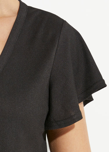 T-shirt col V jersey cotelé, Essentiel Noir