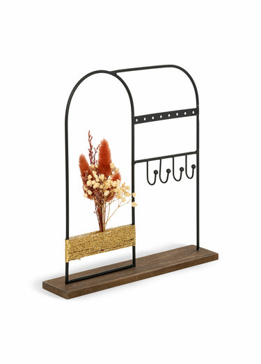 Porte bijoux déco fleurs séchées, métal Noir / Bois