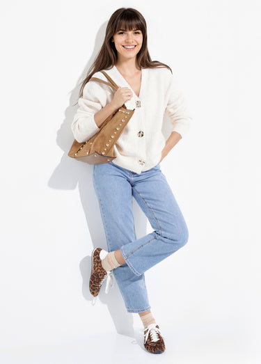 Gilet chaud avec boutons bijou en métal Ecru