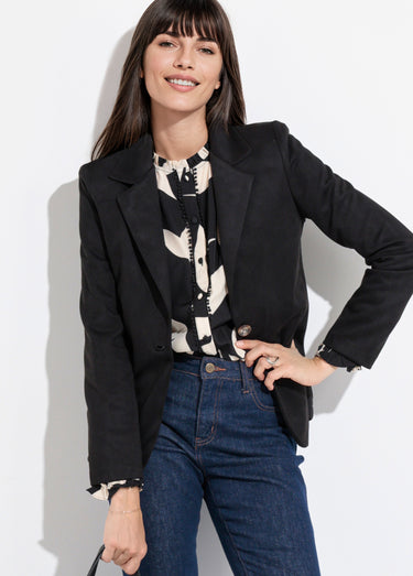 Veste col tailleur 1 bouton twill souple Noir