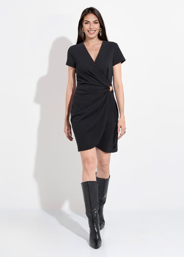 Robe drapée maille crêpe détail bijou Noir