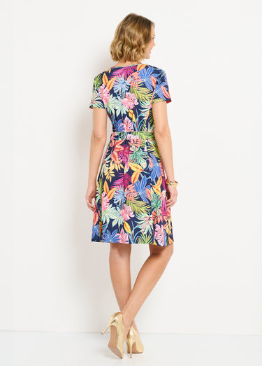 Robe col V courte évasée imprimé feuilles Marine/Rose