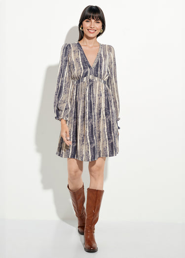 Robe courte col V taille haute plissée Gris/Ecru