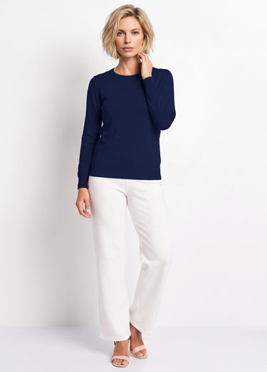 Pull laine mérinos manches longues Marine