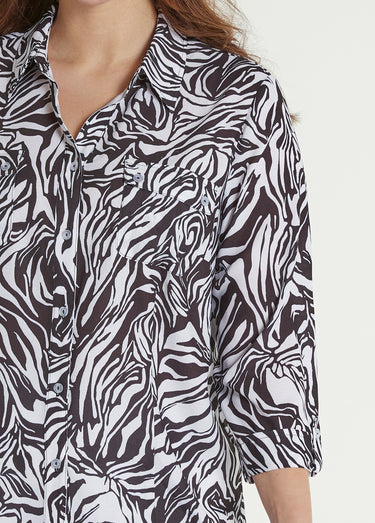 Chemisier long boutonné manches 3/4 peau de bête Noir / Blanc