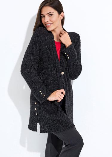 Gilet long ample col V maille scintillante reliefée Noir