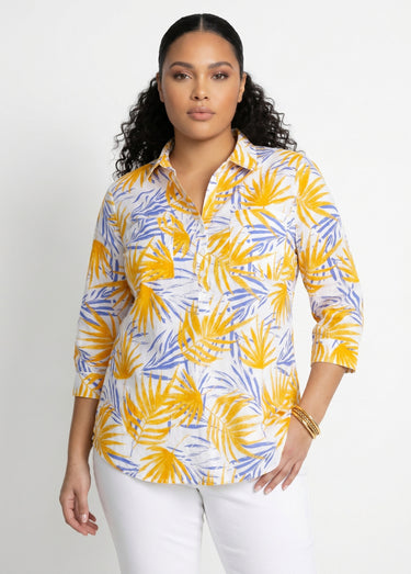 Chemisier boutonné long coton imprimé Imprime Jaune
