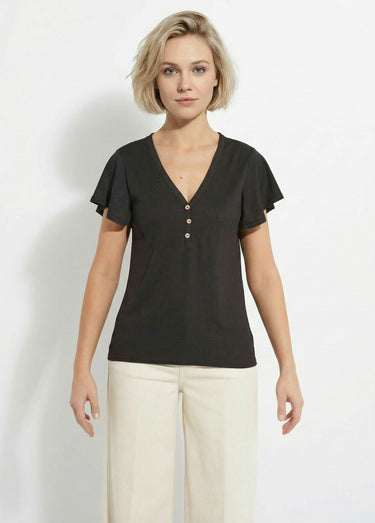 T-shirt col V jersey cotelé, Essentiel Noir