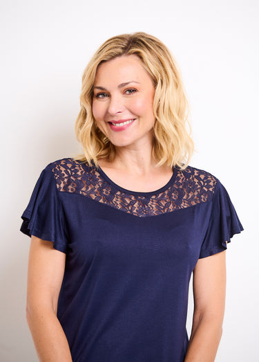 T-shirt manches courtes dentelle Marine