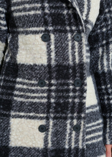 Caban carreaux long façon laine bouclée Noir/Ecru