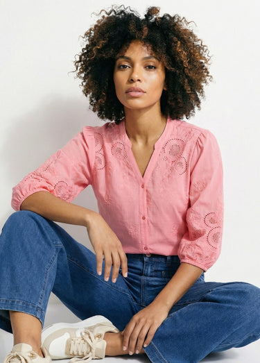 Chemisier long coton brodé manches 3/4 Rose bonbon