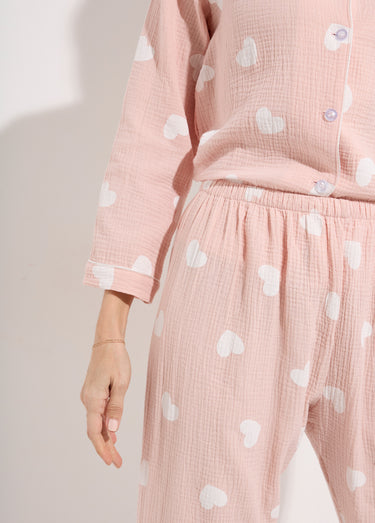 Pyjama 2 pièces coeurs en gaze de coton Rose
