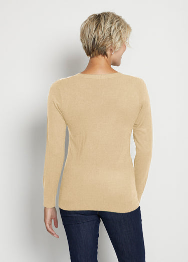 Pull col V strassé manches longues Beige