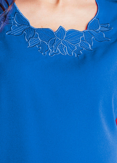 Top long manches courtes broderies col rond Bleu
