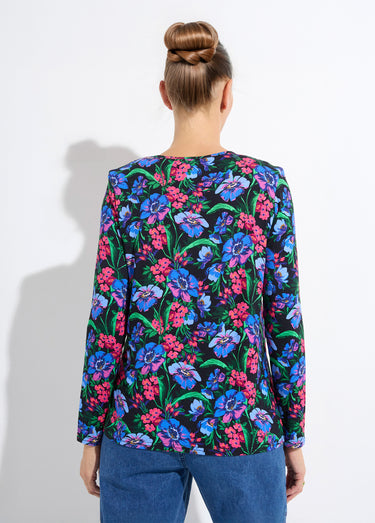 T-shirt droit col rond manches longues fleuri Fuchsia/Bleu