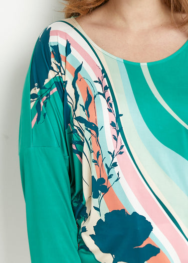 T-shirt manches 3/4 blousant à motif Vert/Rose