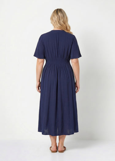 Robe longue taille haute plissée, col V Marine