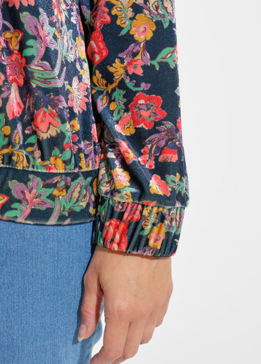 Blouson bombers zippé velours ras fleuri Marine/Rose