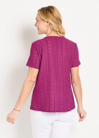 T-shirt ample col V uni effet broderie Cassis