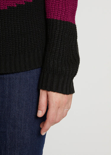 Pull graphique mailles perlée et poilue Bleu/Fuchsia